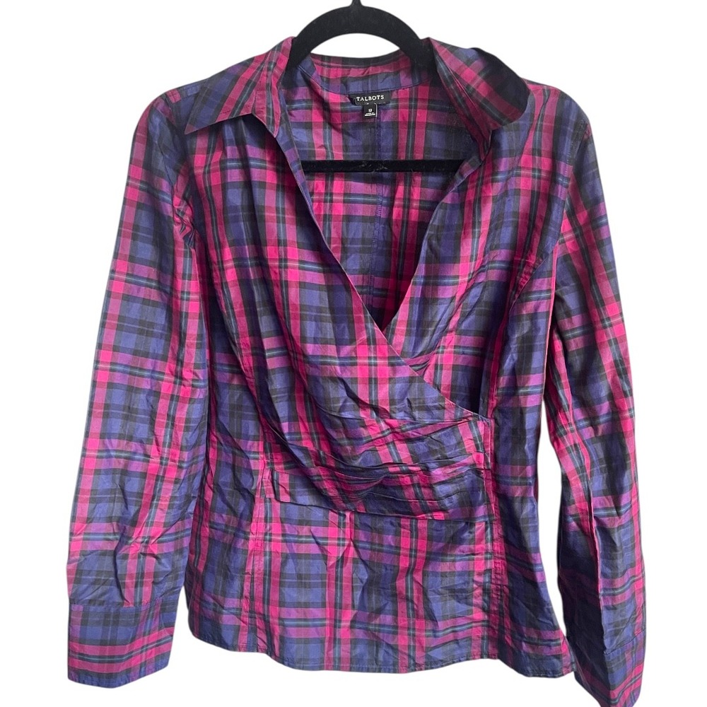Talbots Plaid Silk Cotton Blend Wrap Style Top Size 12‎